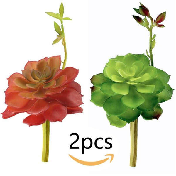 Supla 2 pcs Artificial Succulents Echeveria Succulents Soft Plastic Aeonium Succulent Picks in Burgundy and Green 6.3" Tall