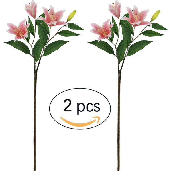 Supla 2 Pcs Real Touch Silk Flower Multi-headed Tiger Lily Spray with leaves29" Tall x 4.7" Diameter in Pink florist flowers for floral arrangement