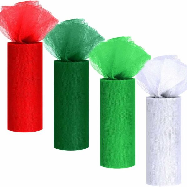 SUPLA 4 Colors Christmas Tulle Rolls White Green Red Tulle Fabric Ribbon Tulle Netting Rolls Spool - 6" by 25 Yards/Spool for Holiday Season Wreath Hair Bows Party Table Skirt Dress